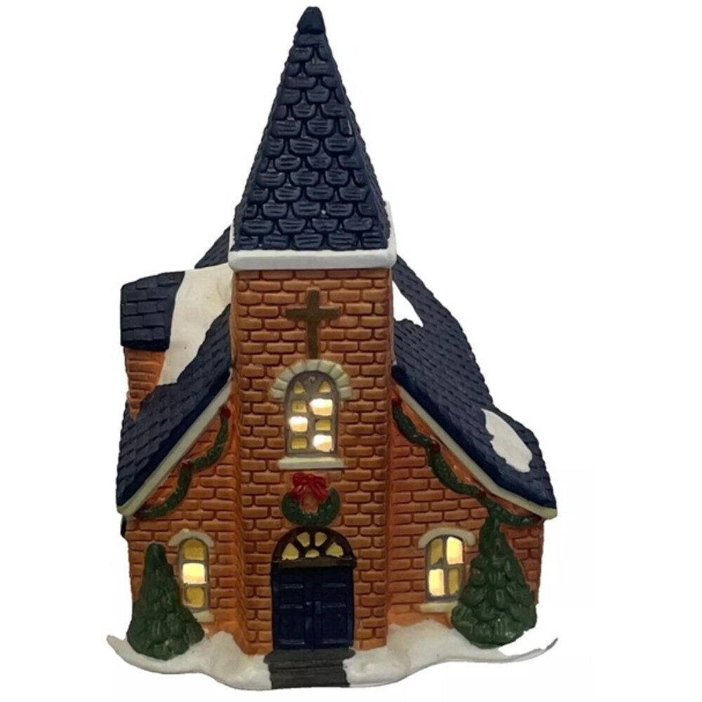 1994 TRIM A HOME Christmas Village Brick Church with Light Snowy - Tested and Wo